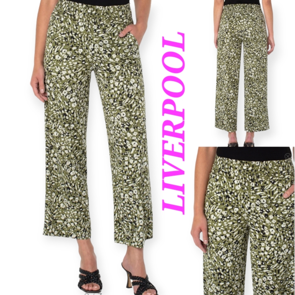 LIVERPOOL Los Angeles Smocked Waist Crop Wide Leg Pants